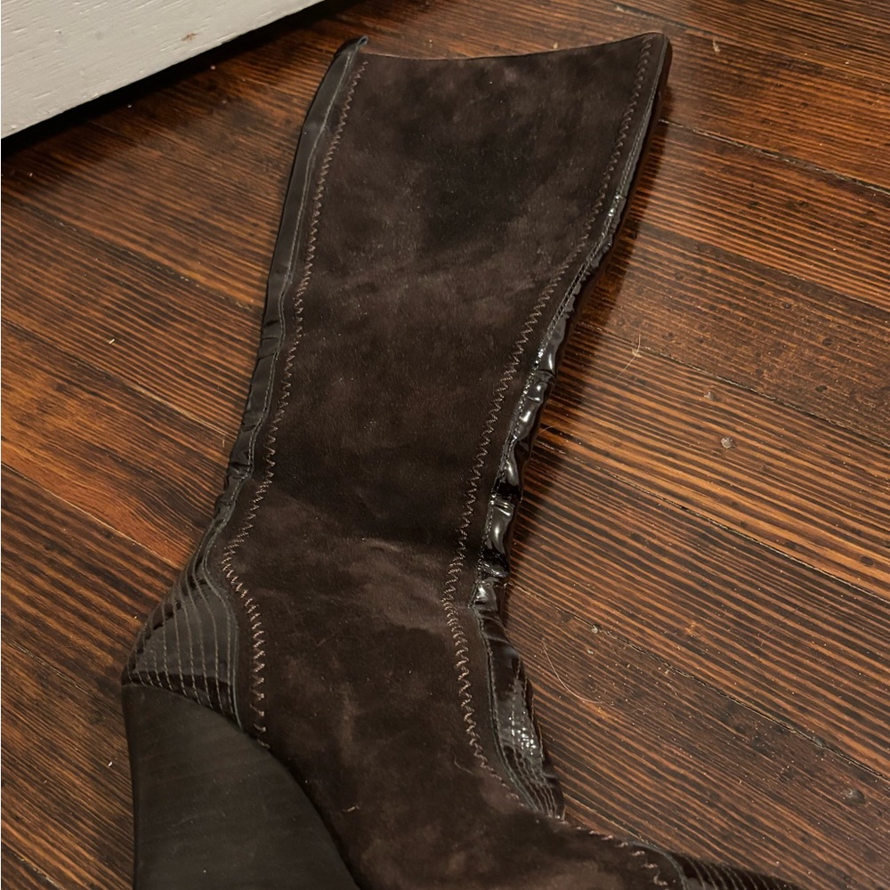 Chic Dark Brown Suede/leather Italian Wedge-Heeled Boots for Women